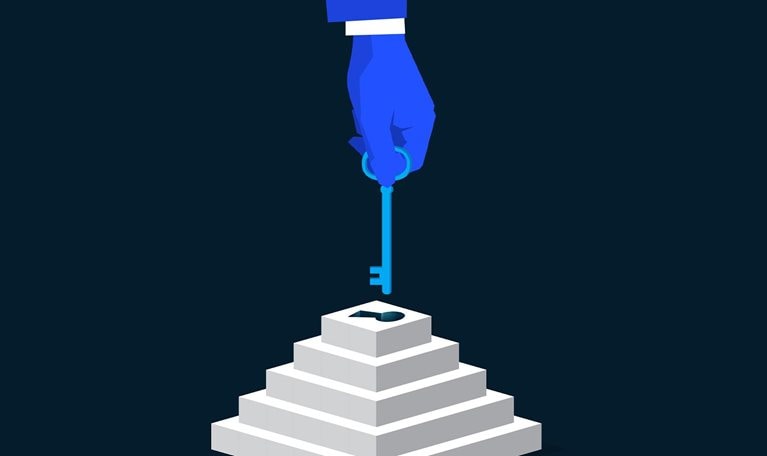 This illustration depicts a hand in a suit sleeve holding a key, positioning it above a staircase-like structure with a keyhole on top, symbolizing the key to success or a solution to a problem.