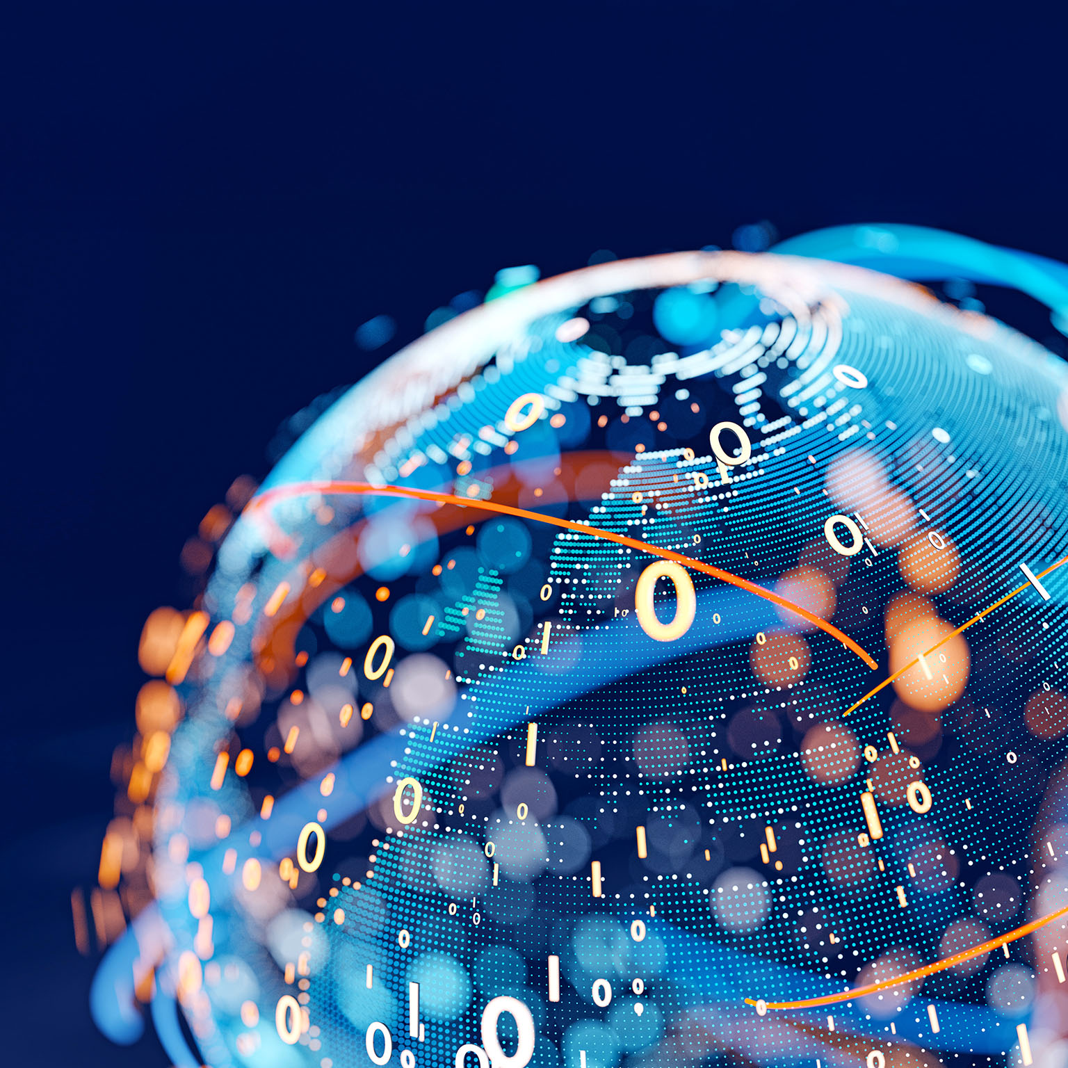 3D rendering of the globe represented by little dots, binary code and lines