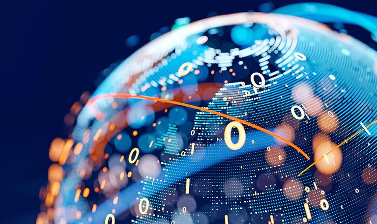 3D rendering of the globe represented by little dots, binary code and lines