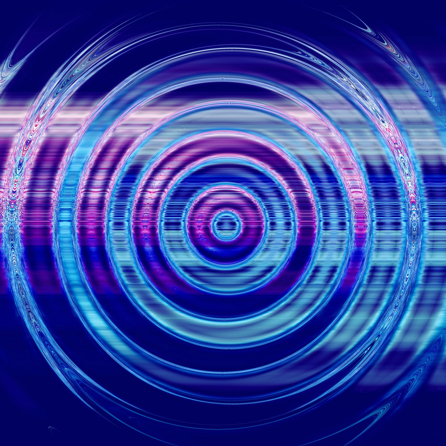 The water is rippling in a circular pattern, emanating from a central point. The hues of blue and purple dominate the image, with slight digital distortions added to the expanding ripples.