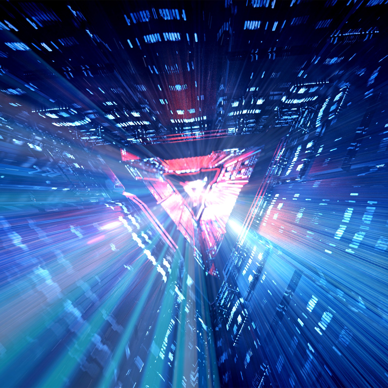Abstract image of a triangle shape tunnel with light speed motion.