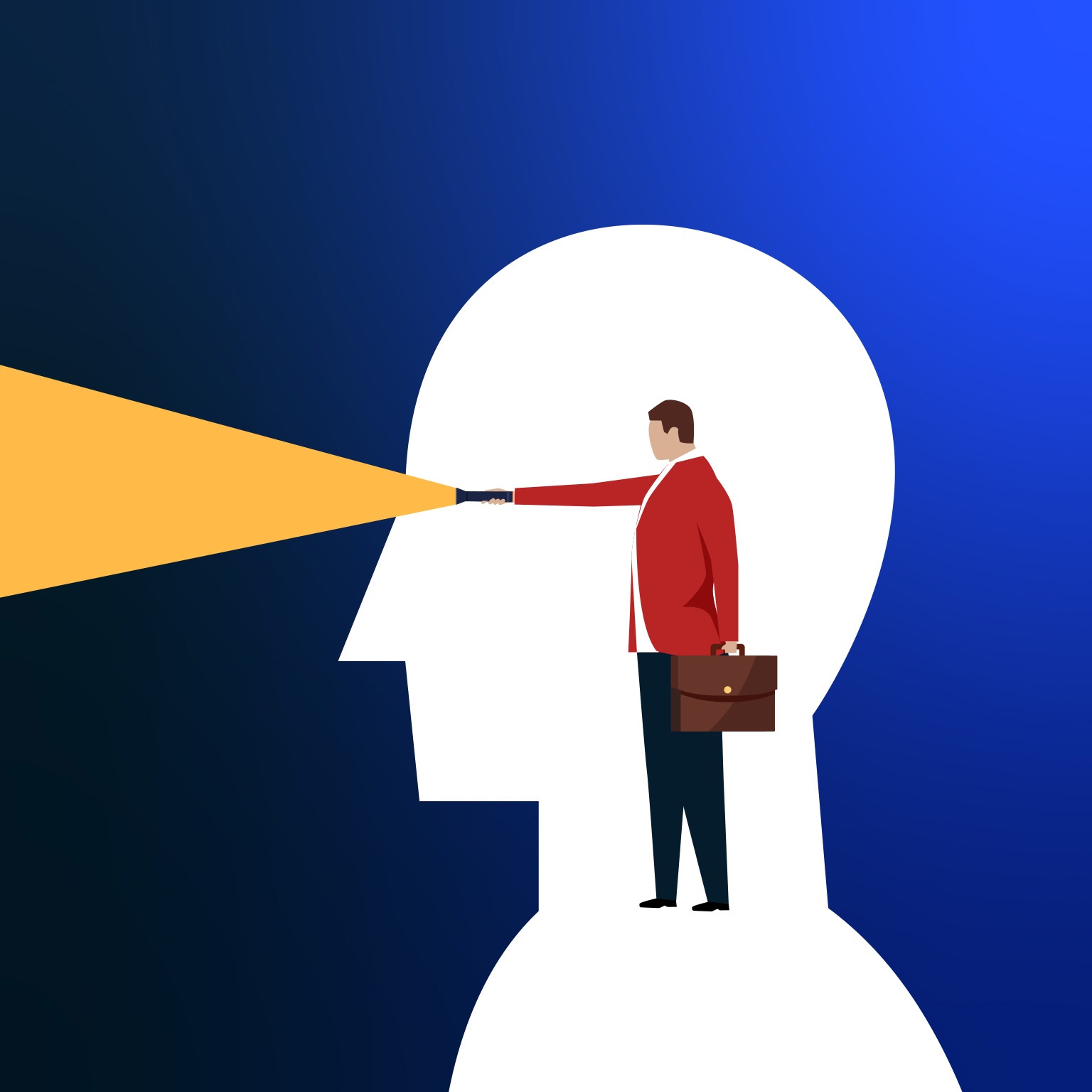 A conceptual illustration of a flat white head framing a person holding a flashlight with the beam shining out of where the eyes of the white head would be.
