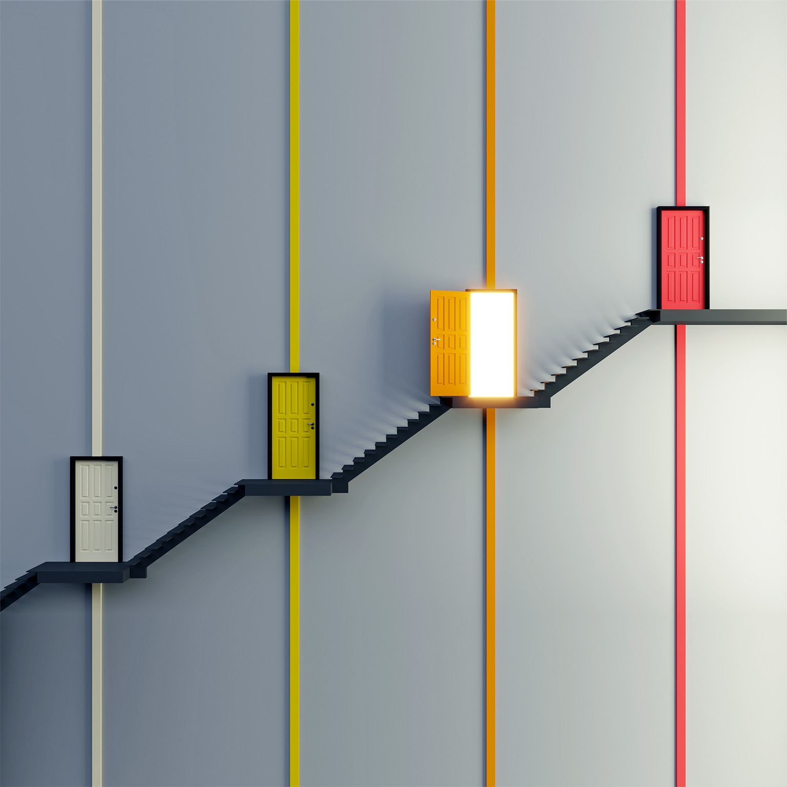  An abstract staircase with multi colored doors on different flights and one door is open with light coming out.
