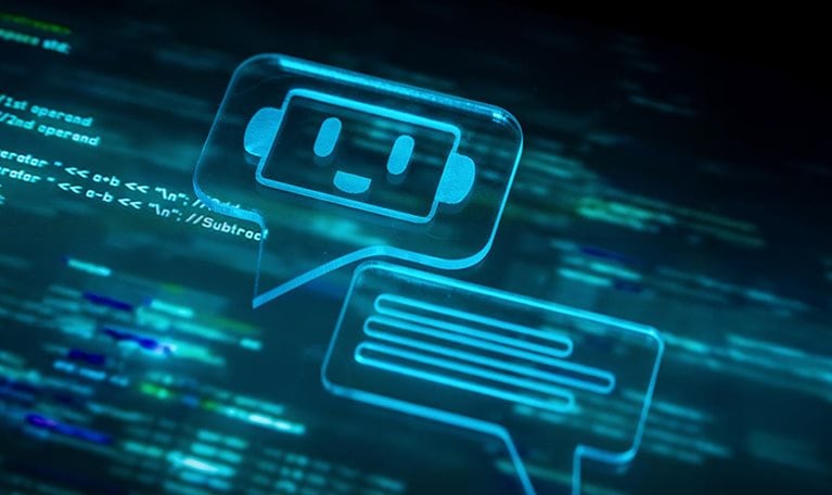 Friendly chatbot icon within a speech bubble engaging with programming code in a futuristic digital interface, symbolizing artificial intelligence in software development