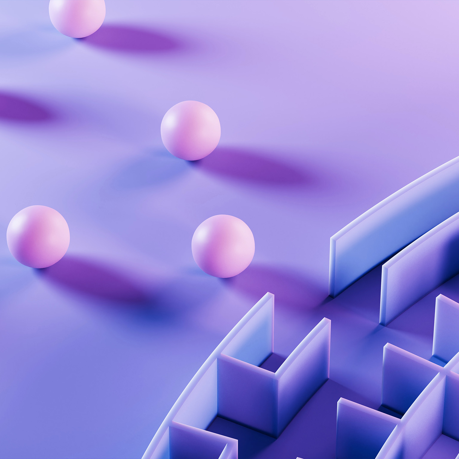 Horizontal conceptual image showing a group of vibrant pink spheres gathered at the entrance of a large circular purple maze, set against a deep purple background with blue lighting accents. The composition conveys themes of teamwork, challenge, and strategic navigation within complex environments. Ideal for business, technology, or innovation visuals, offering clear space for text and branding elements.
