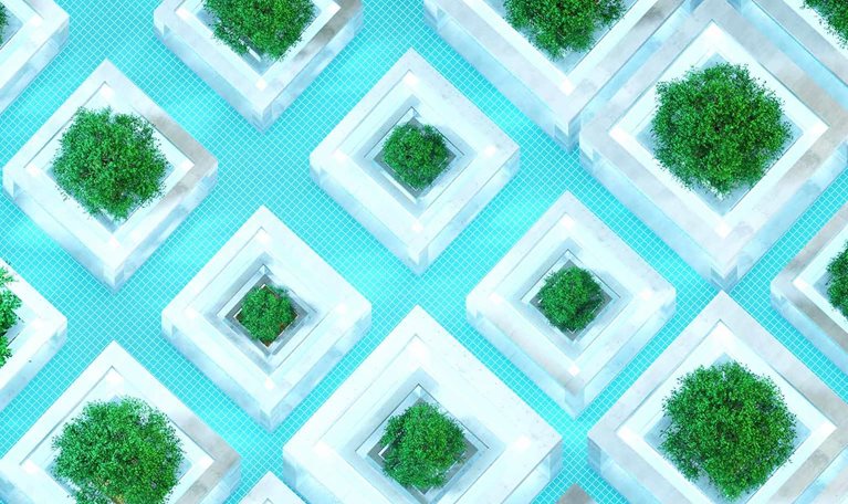 Digital generated image of of grass and flowers growing on abstract cubic structured pattern. Sustainable data concept.