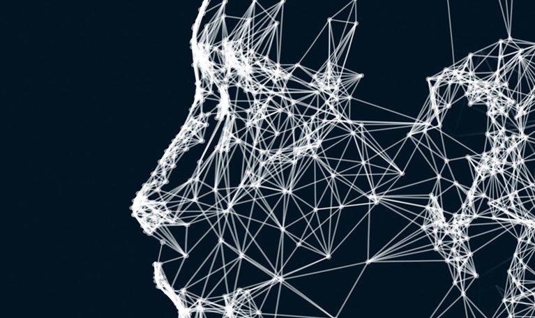 Shattered human head on black. Artificial intelligence in futuristic technology concept.