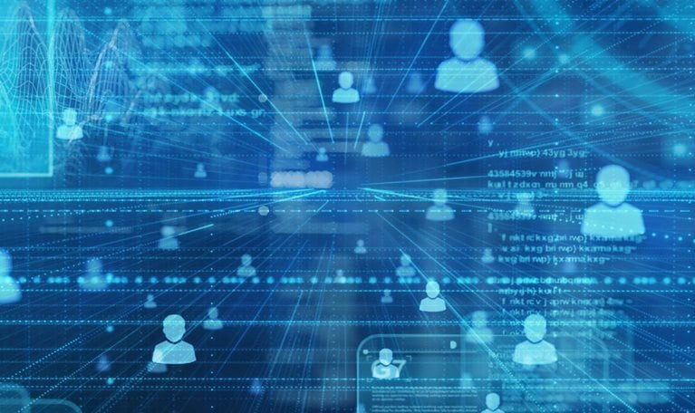 People and information data on a digital space background.