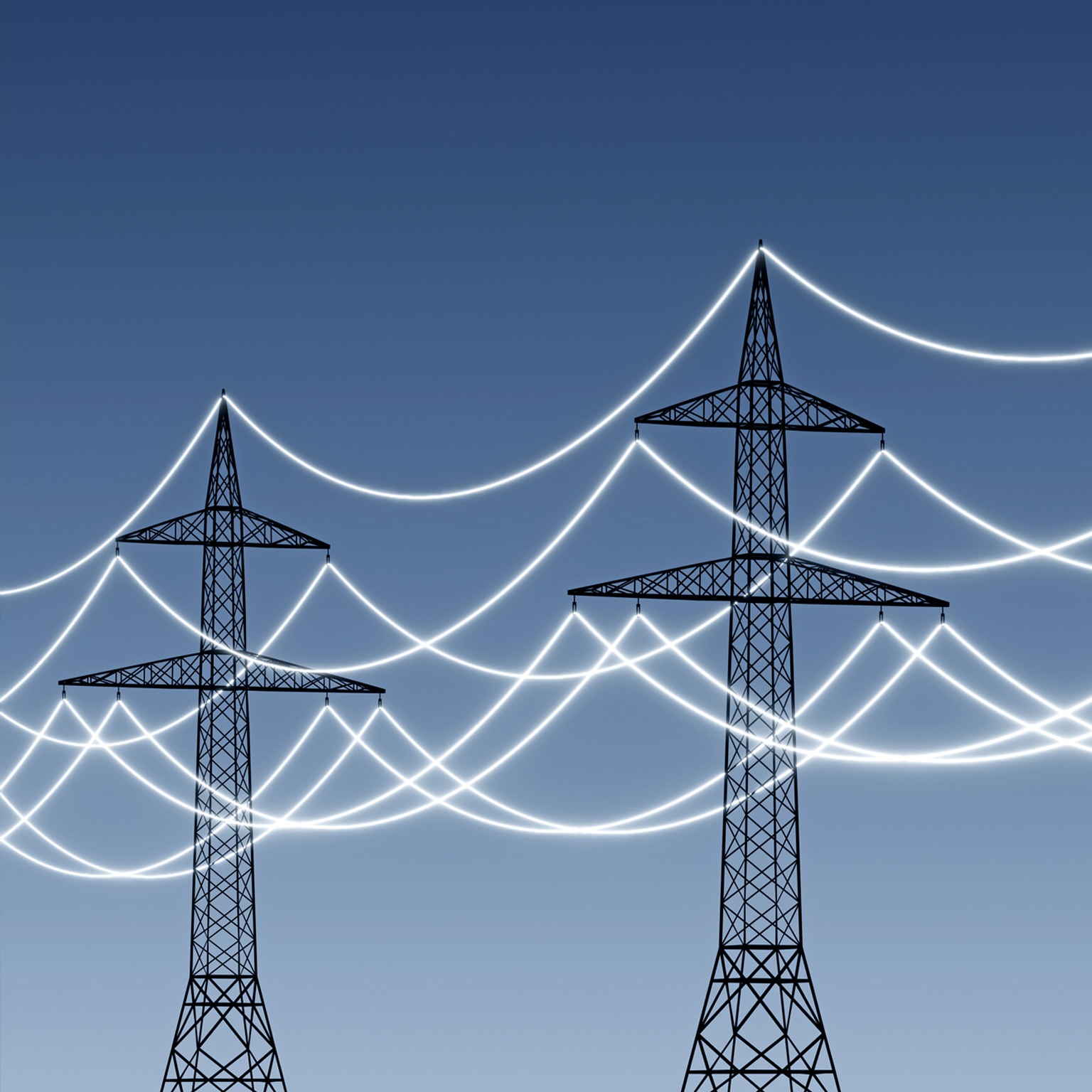Electricity pylons with glowing power lines to emphasize technology