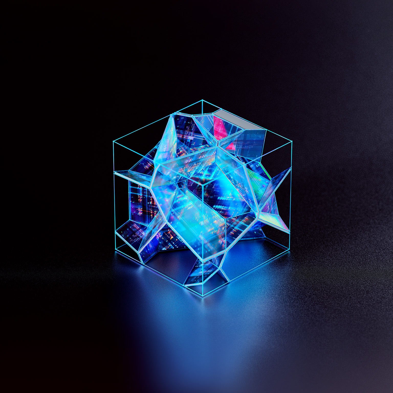 Isometric view of a translucent cube-shaped block with blue glowing futuristic data flowing inside.
