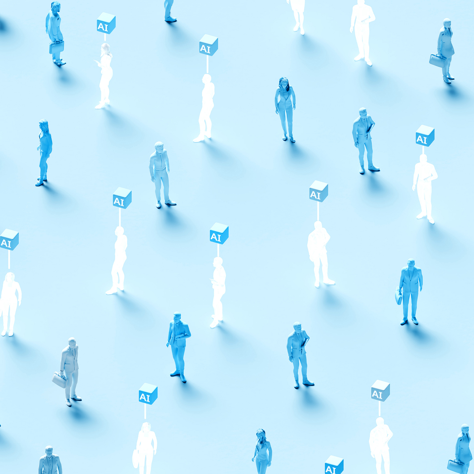 Pattern of blue and white human figures spaced apart, some marked with “AI” labels above them.