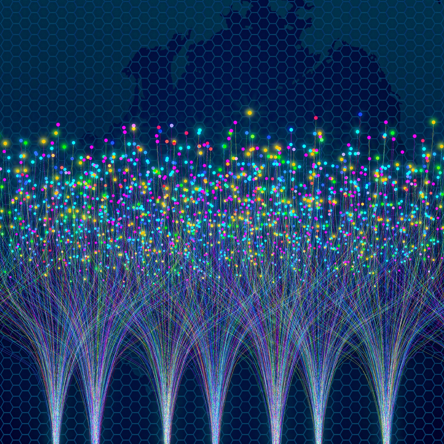 Numerous strands of light radiate from various areas at the bottom of the picture and scatter into luminous dots in the middle. The backdrop is a deep blue color with a see-through map of the world.
