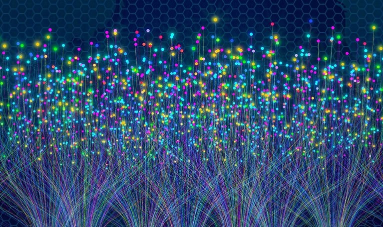 Numerous strands of light radiate from various areas at the bottom of the picture and scatter into luminous dots in the middle. The backdrop is a deep blue color with a see-through map of the world.