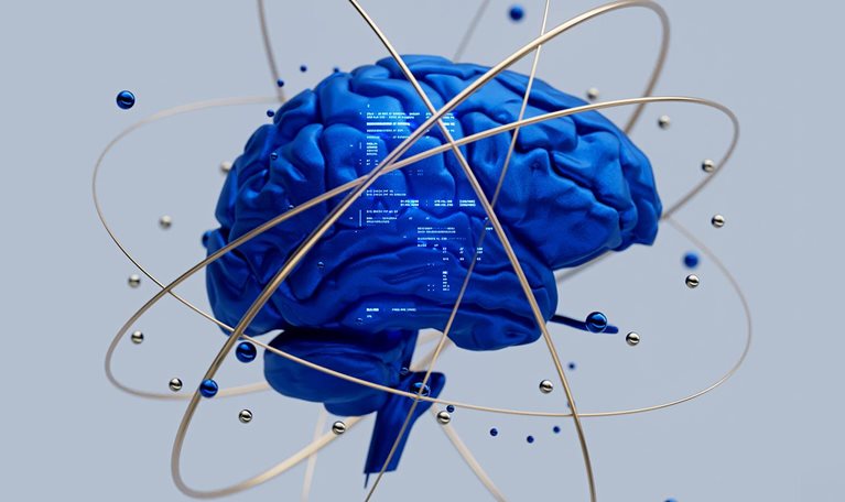 3D rendering of a brain with artificial intelligence machine learning language model projected onto it