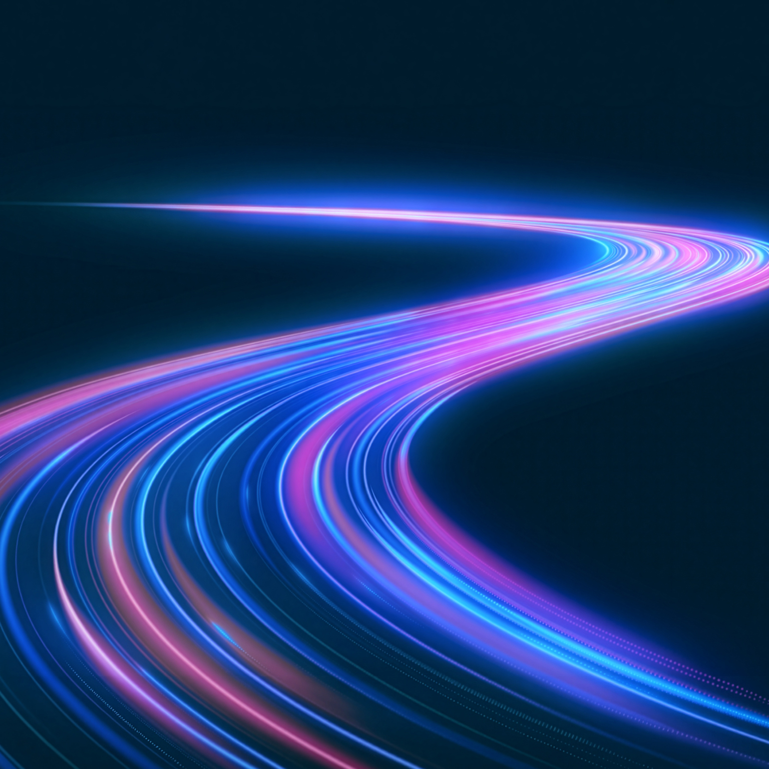 Glowing blue, purple, and pink light trails curve through a dark blue space, forming a sweeping path that winds toward the horizon, suggesting acceleration, technological progress, or the evolving direction of AI.
