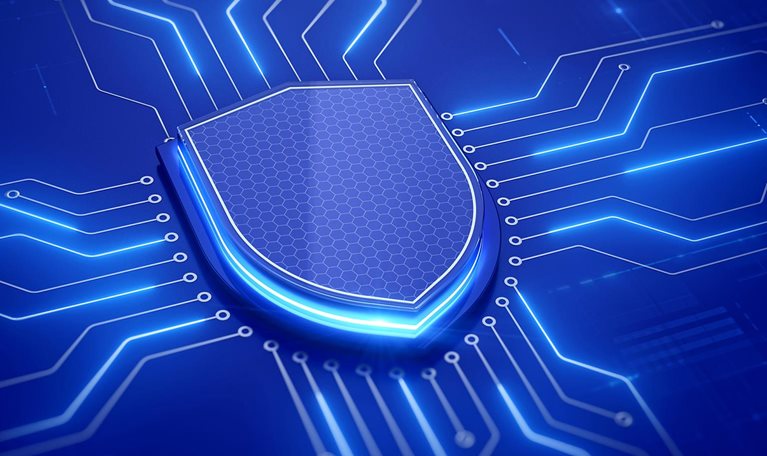 A glowing digital shield at the center of a circuit board, symbolizing cybersecurity and data protection.