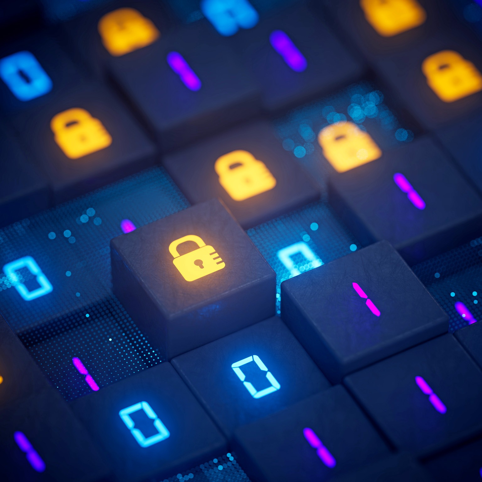 A grid of dark blue cubes with a mix of glowing blue and magenta binary numbers and orange padlock icons. 