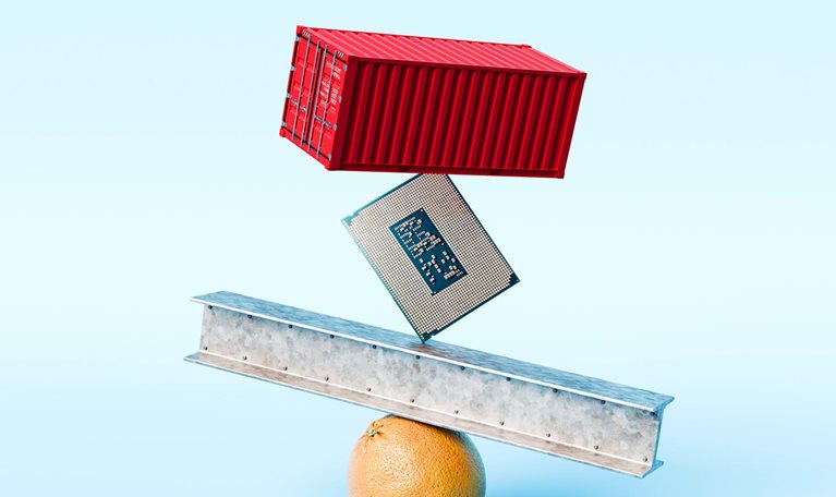 Conceptual 3D rendered image of a shipping container, oversized semiconductor chip, and heavy steel beam precariously balanced on a bright orange fruit
