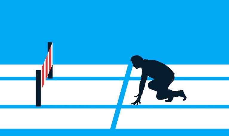 An isometric illustration of a runner in a starting position next to a series of hurdles.