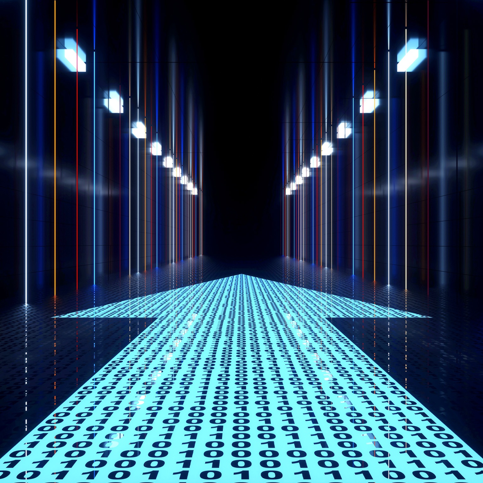 A futuristic, dark corridor lined with brightly lit, vertical neon lights of various colors. The floor is illuminated with an arrow pointing towards the vanishing point, composed of a binary code pattern, suggesting a digital pathway or journey forward.