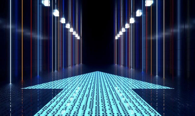 A futuristic, dark corridor lined with brightly lit, vertical neon lights of various colors. The floor is illuminated with an arrow pointing towards the vanishing point, composed of a binary code pattern, suggesting a digital pathway or journey forward.