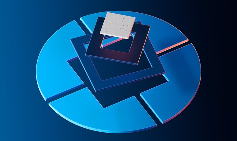 An abstract, digital art composition displaying a segmented blue circle topped with nested dark square frames and a light-colored square.