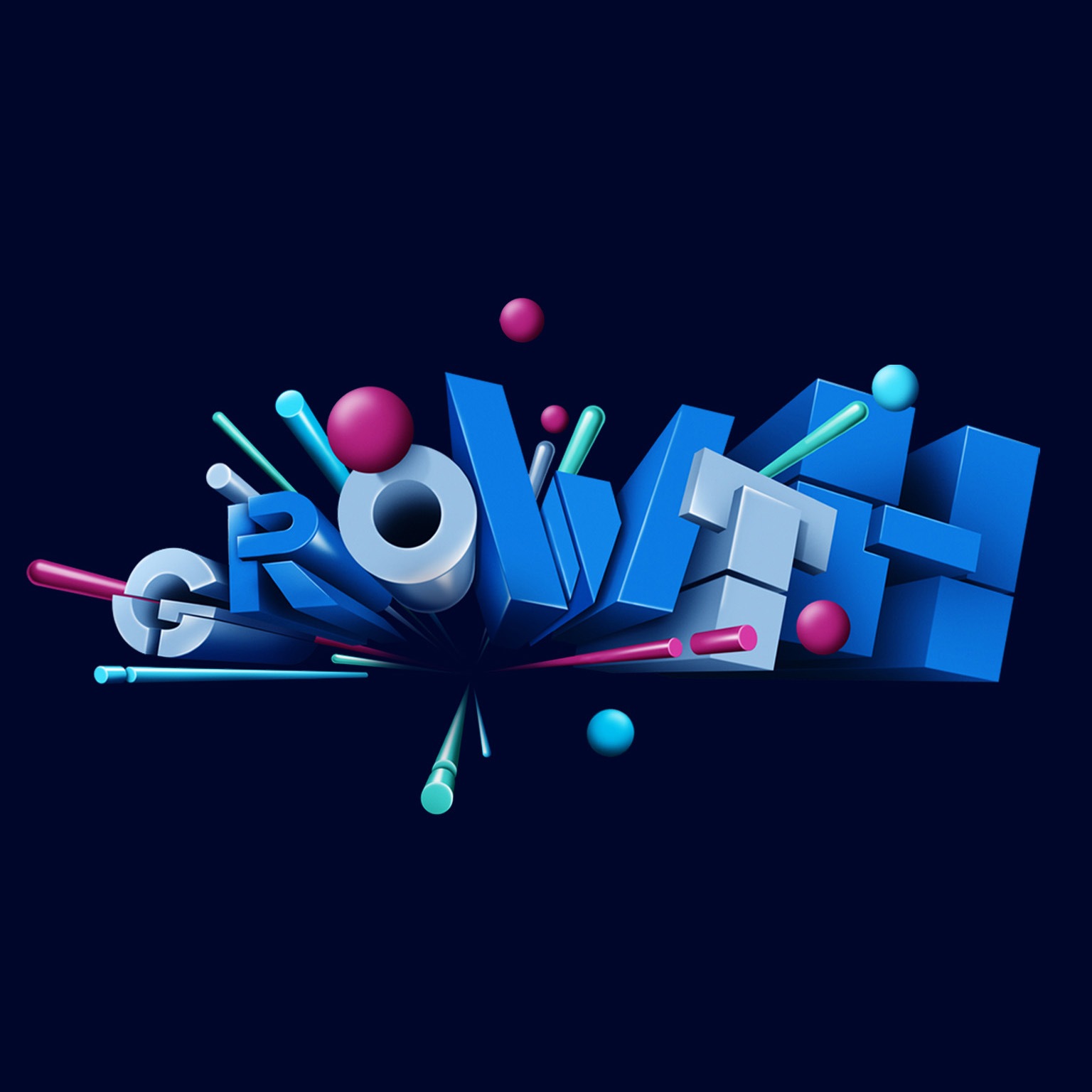 The word GROWTH rapidly scales up to fill the entire screen. Each letter is built from multiple geometric shapes, nudged together to create a bold and dynamic structure. As it scales up, surrounding spheres and cylinders grow and shift in tandem, adding energy and movement.