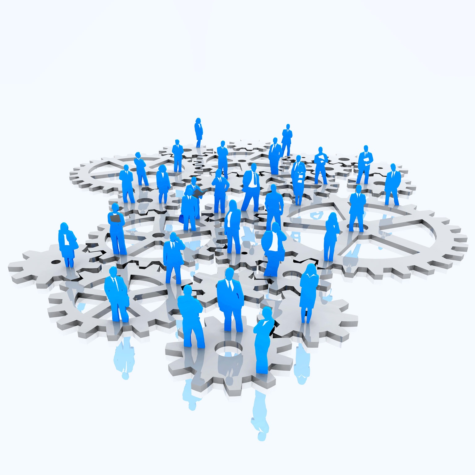 An isometric illustration features a group of individuals dressed in business attire standing on interlocking gears. The people are depicted in blue, while the gears are silver.