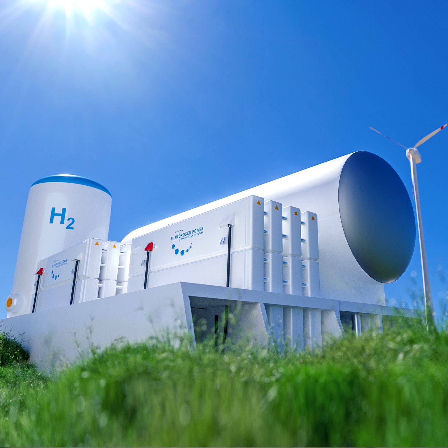  3D rendering of hydrogen energy tanks in a green field with wind turbines behind it