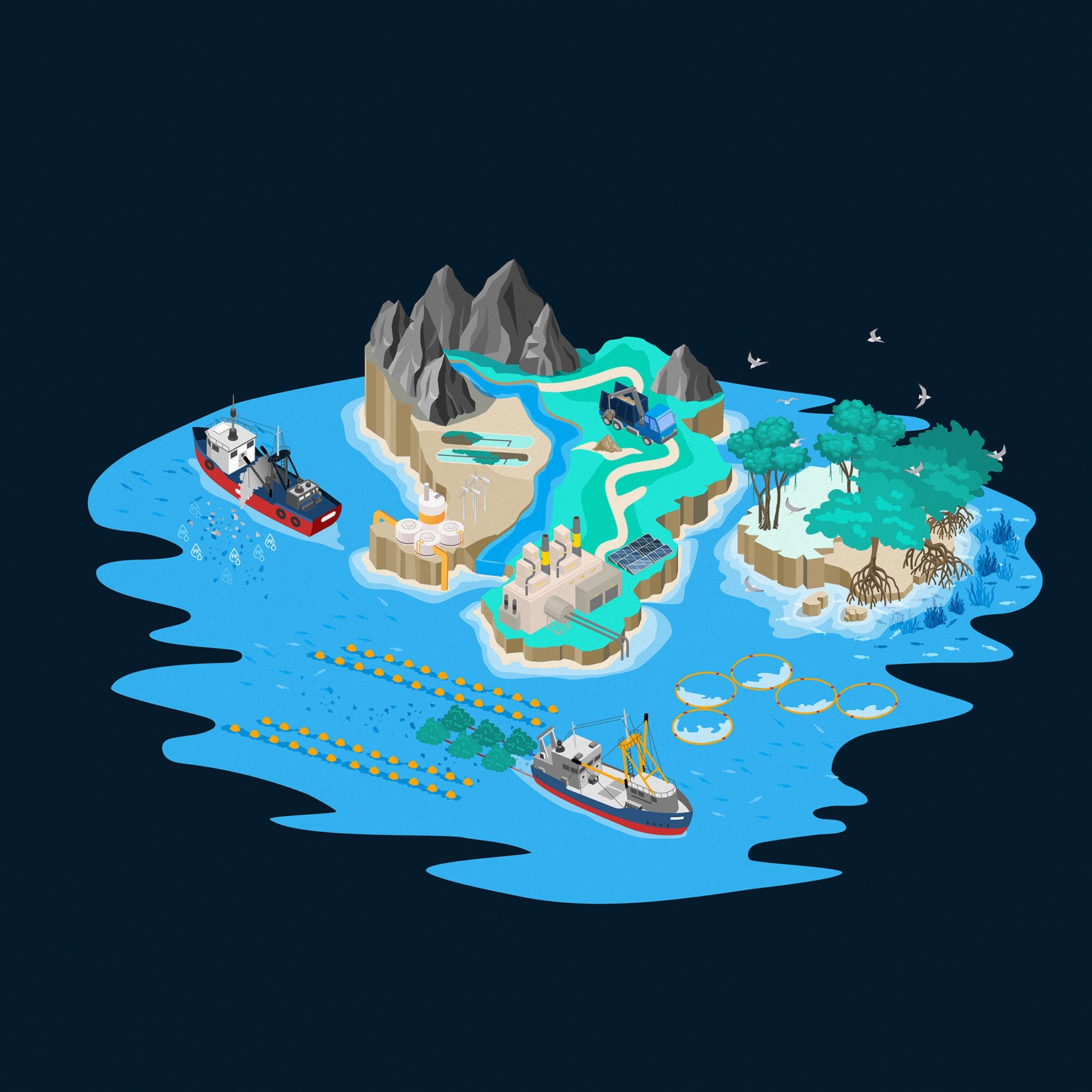 Illustration showing ocean carbon dioxide removal. Ships and tress collecting from water, trucks delivering to factory.