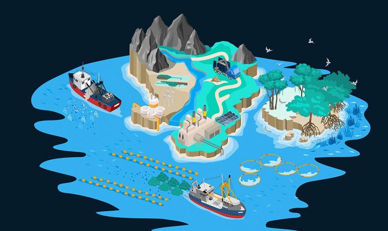 Illustration showing ocean carbon dioxide removal. Ships and tress collecting from water, trucks delivering to factory.