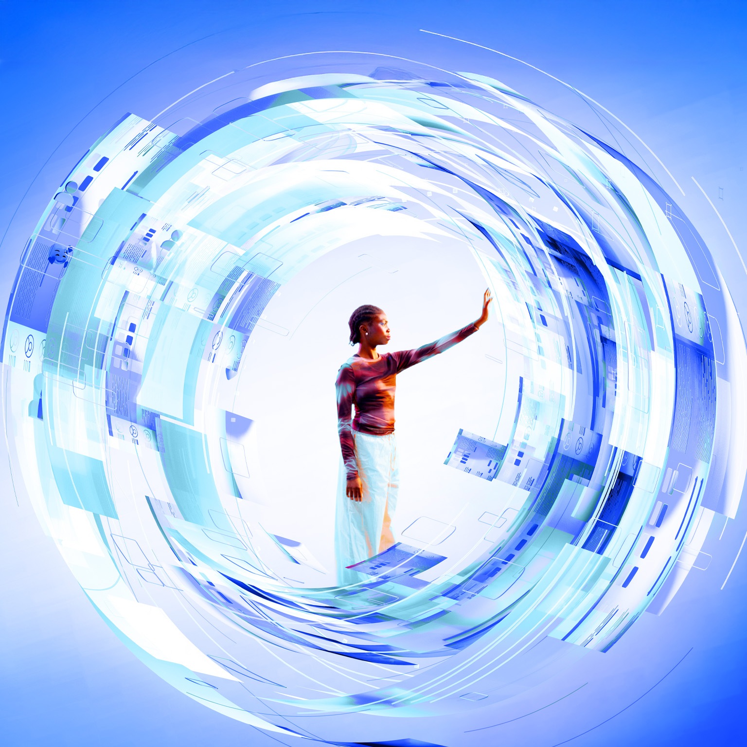 A woman stands at the center of a glowing, circular digital interface composed of layered blue and white translucent panels. She reaches out with her hand to touch the futuristic data displays that surround her in a dynamic, swirling formation.