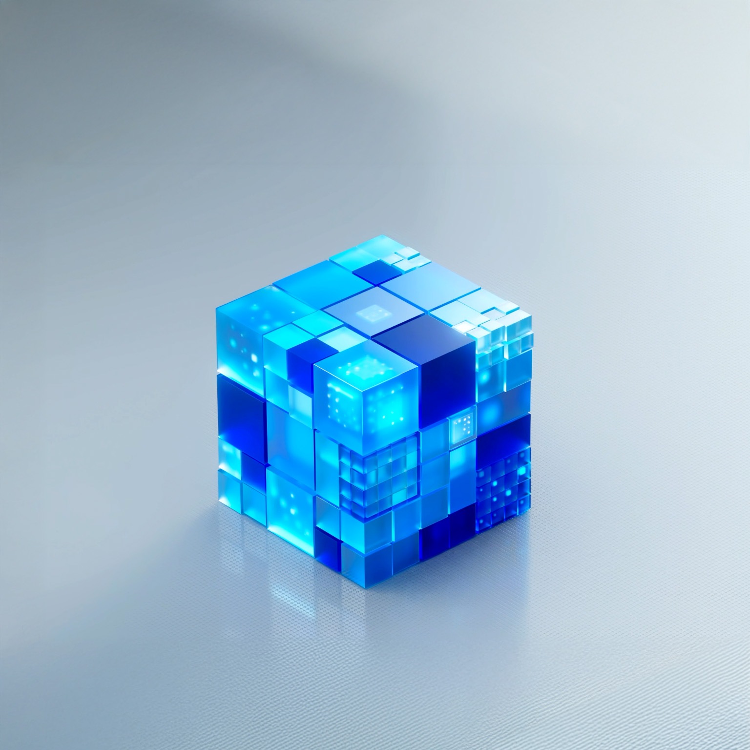 A digitally generated animation of small futuristic, translucent glass cubes coming together to from a larger cube which sits on a clean, light background, giving it a sleek, high-tech and abstract feel.