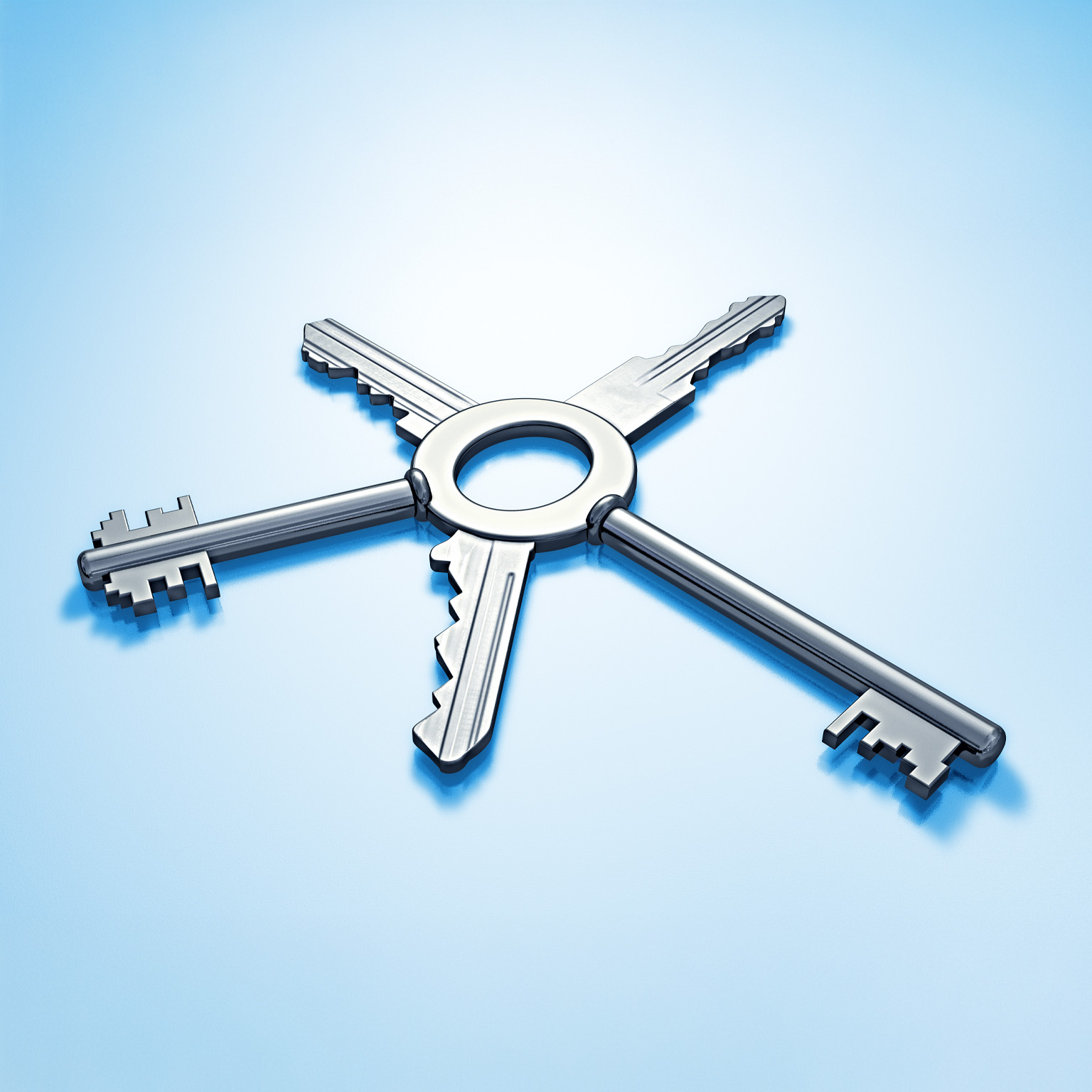 Five metallic keys with different bits joined together on single central ring, arranged like spokes set against a light blue background.