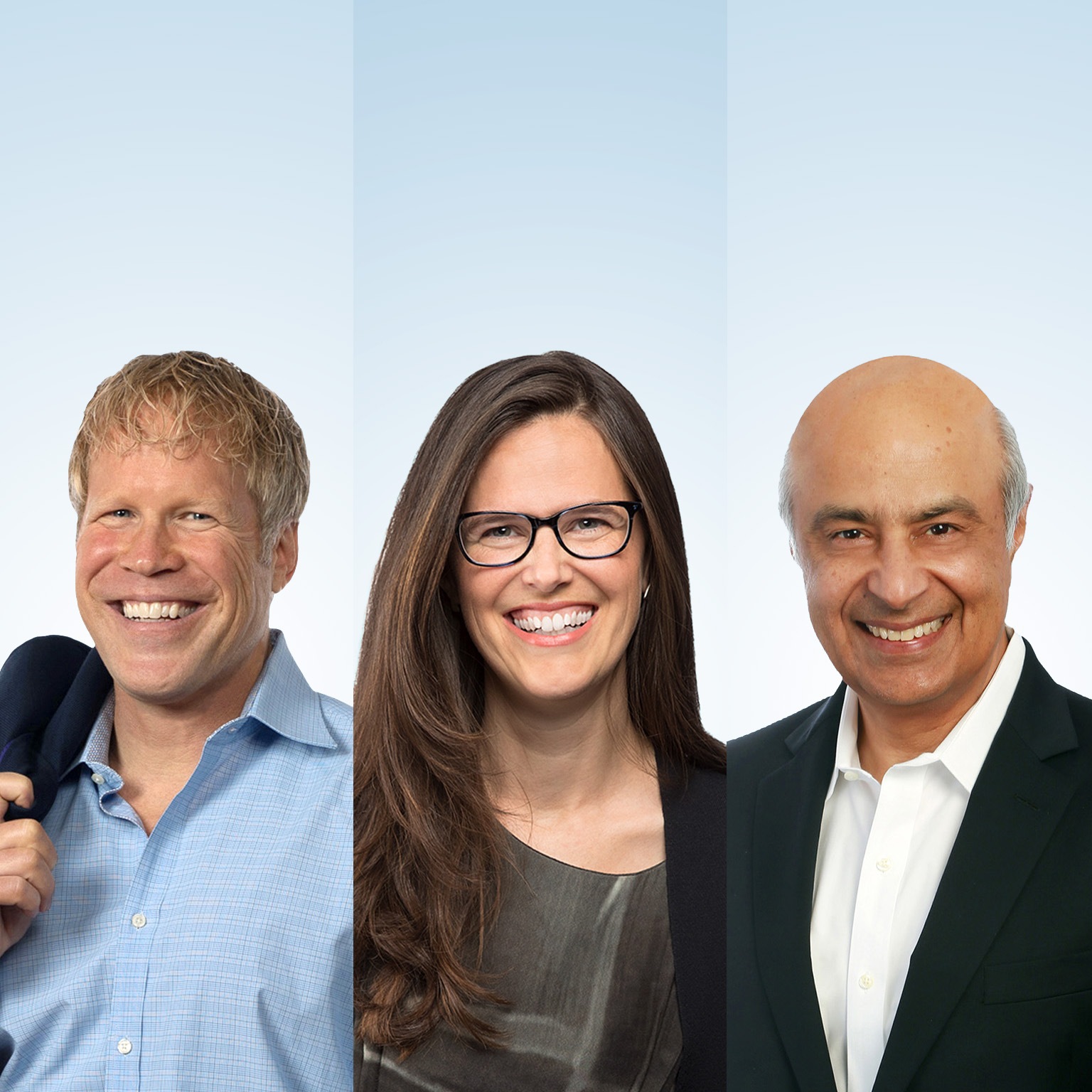 Tryptic Portrait of Scott Keller, Carolyn Dewar, and Vik Malhotra.