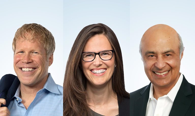 Tryptic Portrait of Scott Keller, Carolyn Dewar, and Vik Malhotra.