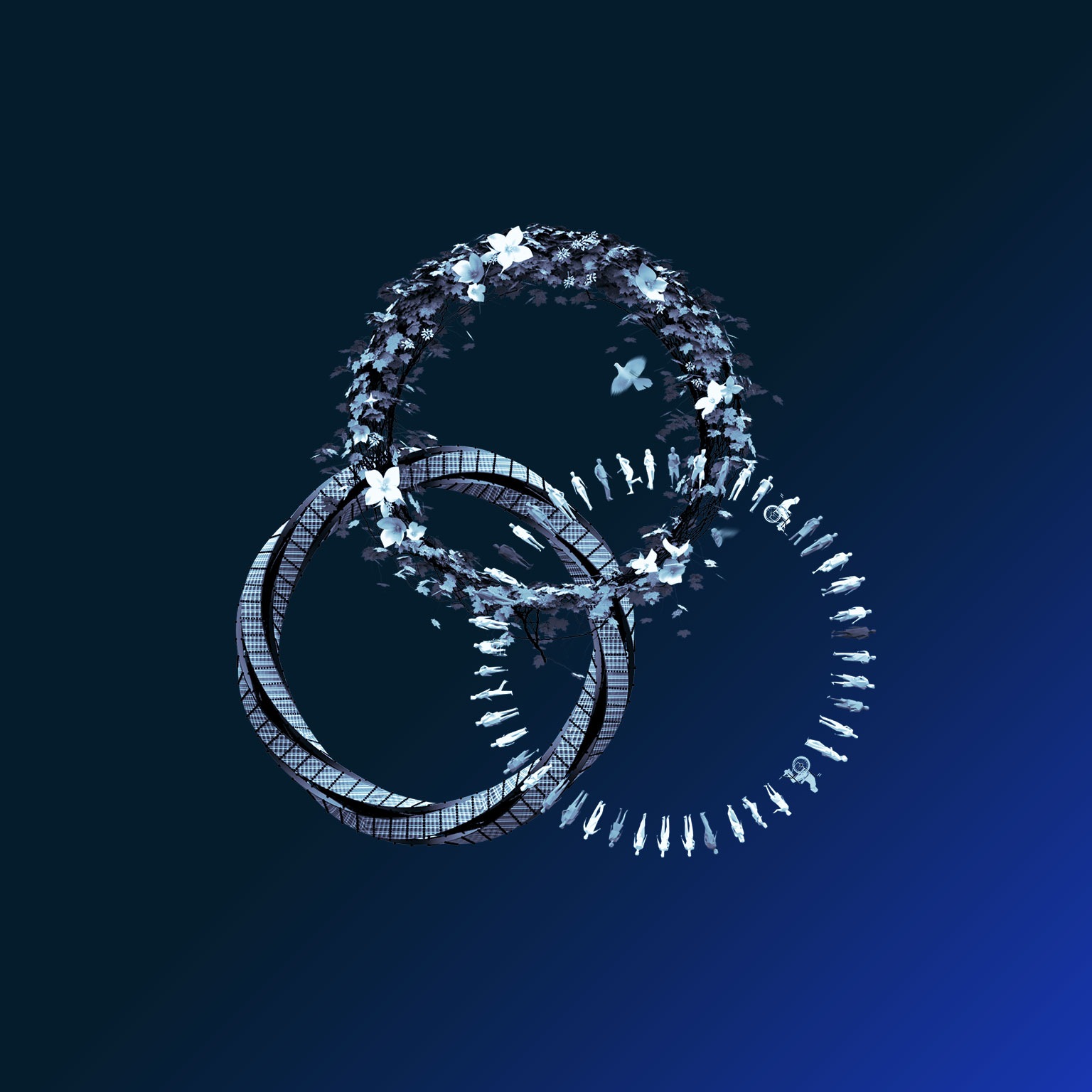 Rendering of three overlapping rings in the image of vegetation and people
