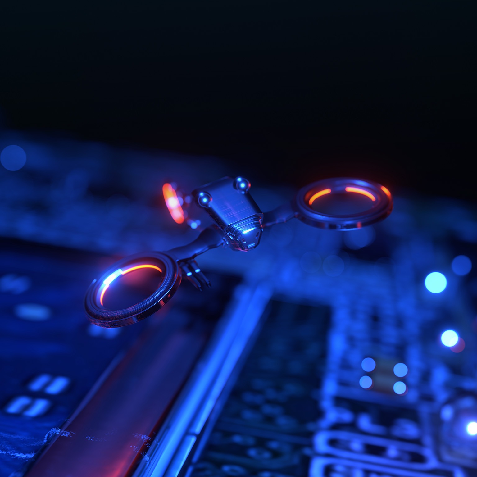 The item shown is a cutting-edge, cyber-style drone illuminated with orange and blue lights.