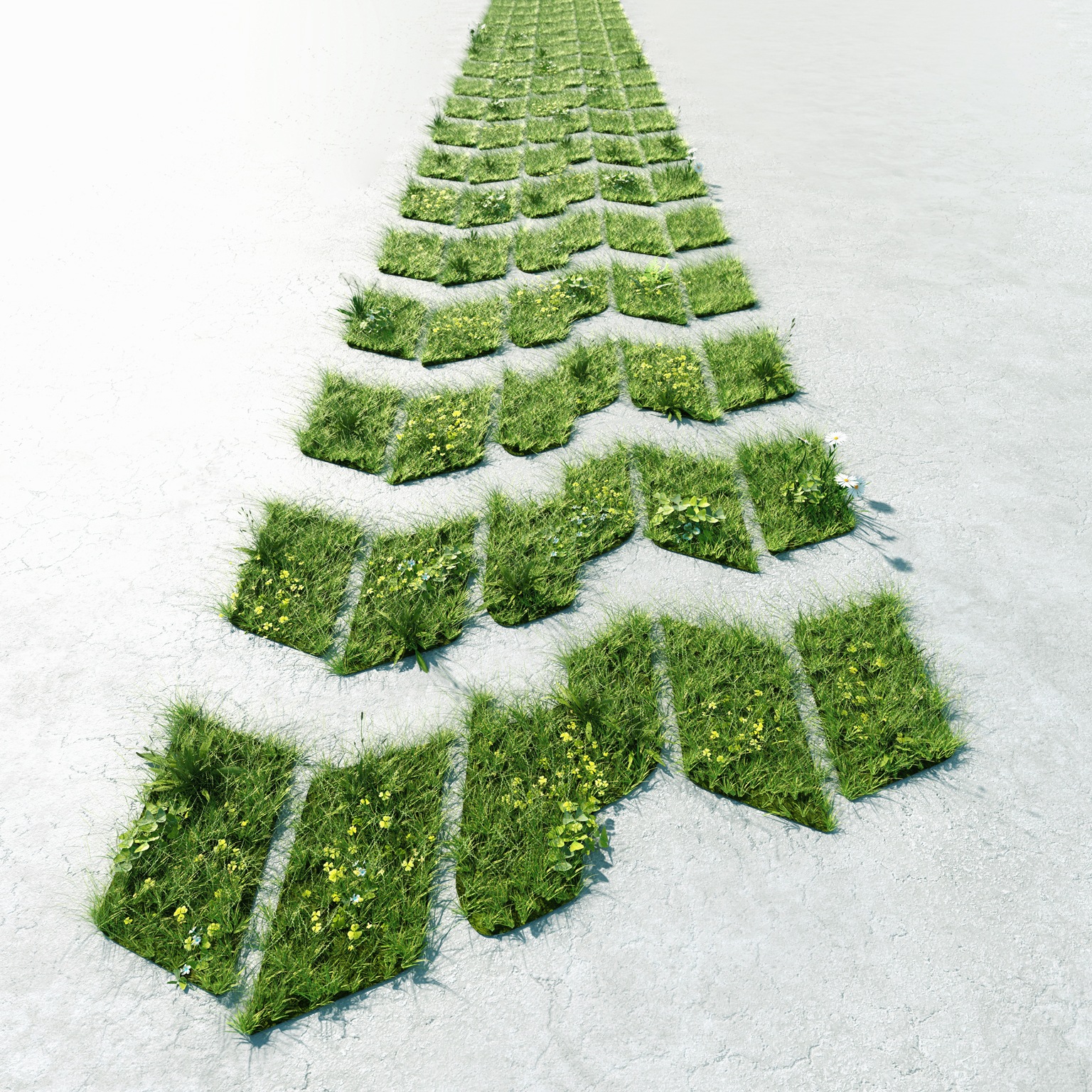 Digital generated image of car tire track made out of grass growing through gray concrete surface.