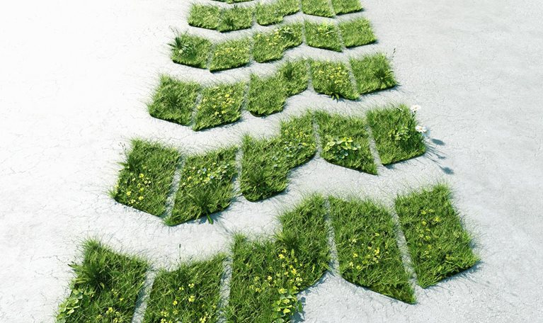 Digital generated image of car tire track made out of grass growing through gray concrete surface.