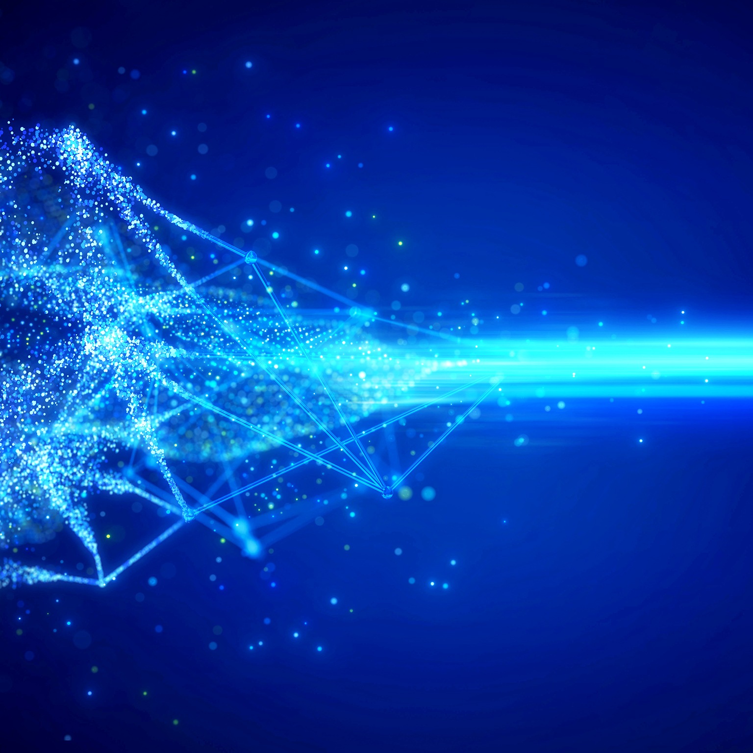 Light blue digital light points and beams against a dark blue background indicating network data transfer speed