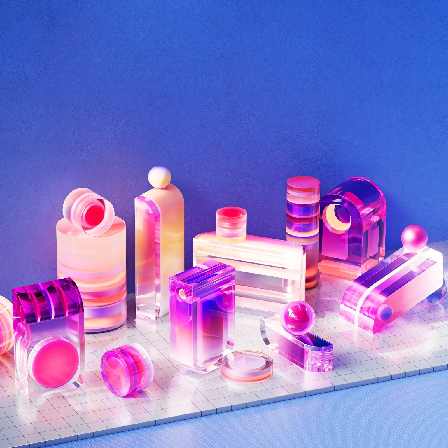 A collection of translucent, geometric shapes in vibrant pink and purple hues are arranged on a white grid. The colorful composition evokes a sense of modern design and abstract beauty products. 
