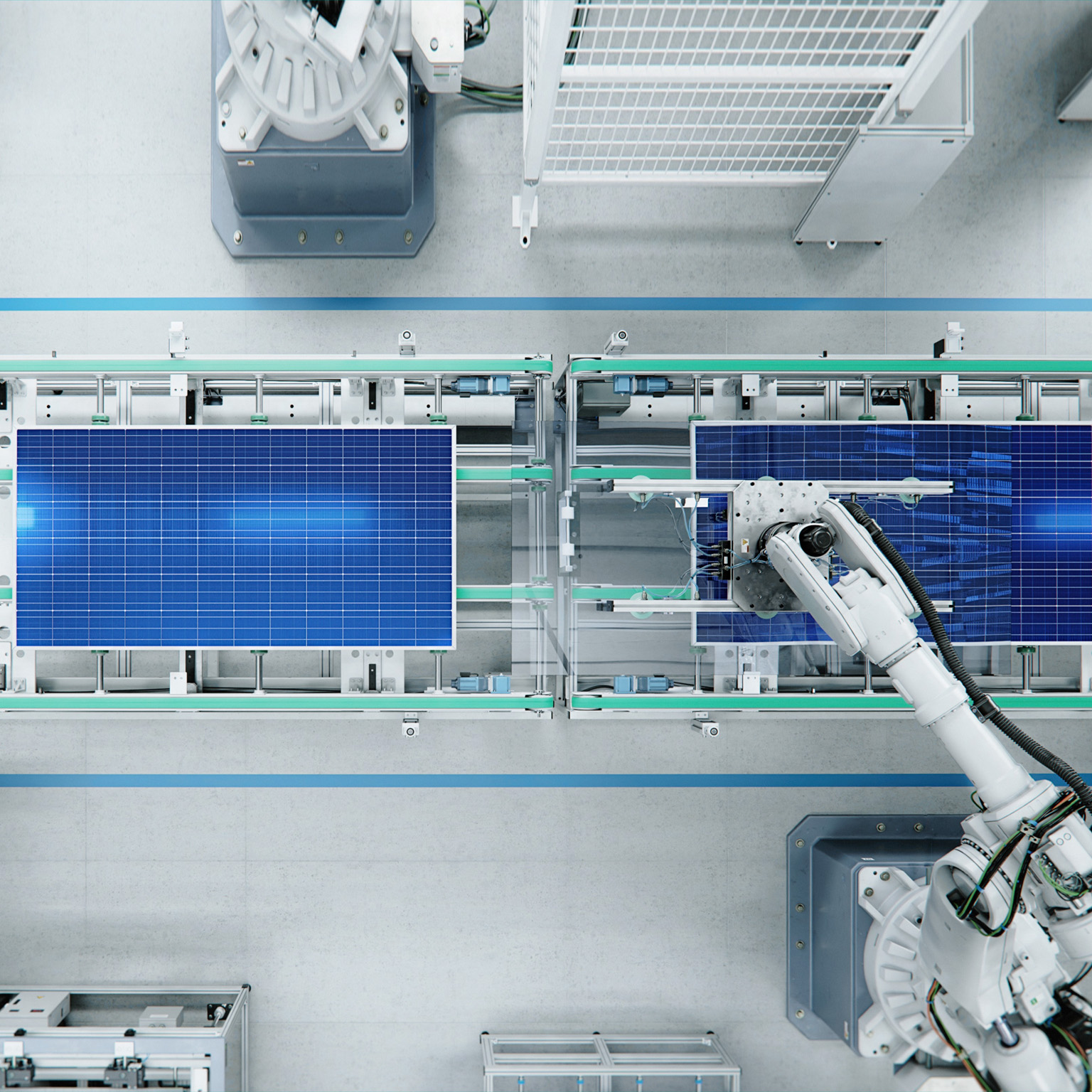 Top View of Solar Panel Assembly Line with Robot Arms at Modern Bright Factory. Solar Panel Production Prodcess at Automated Facility - stock photo