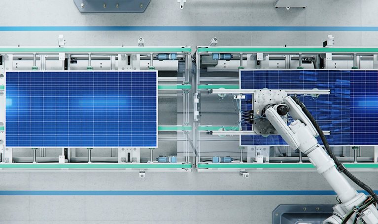 Top View of Solar Panel Assembly Line with Robot Arms at Modern Bright Factory. Solar Panel Production Prodcess at Automated Facility - stock photo