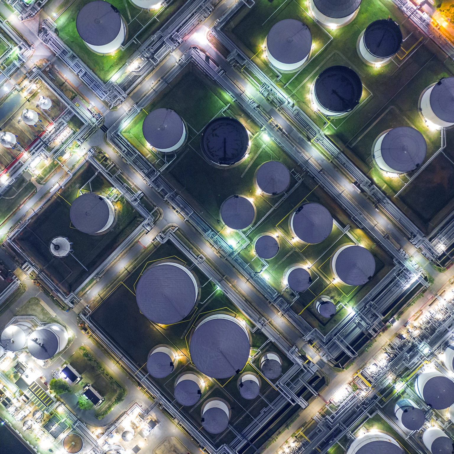 Aerial view oil terminal is industrial facility for storage of oil and petrochemical products ready for transport to further storage facilities