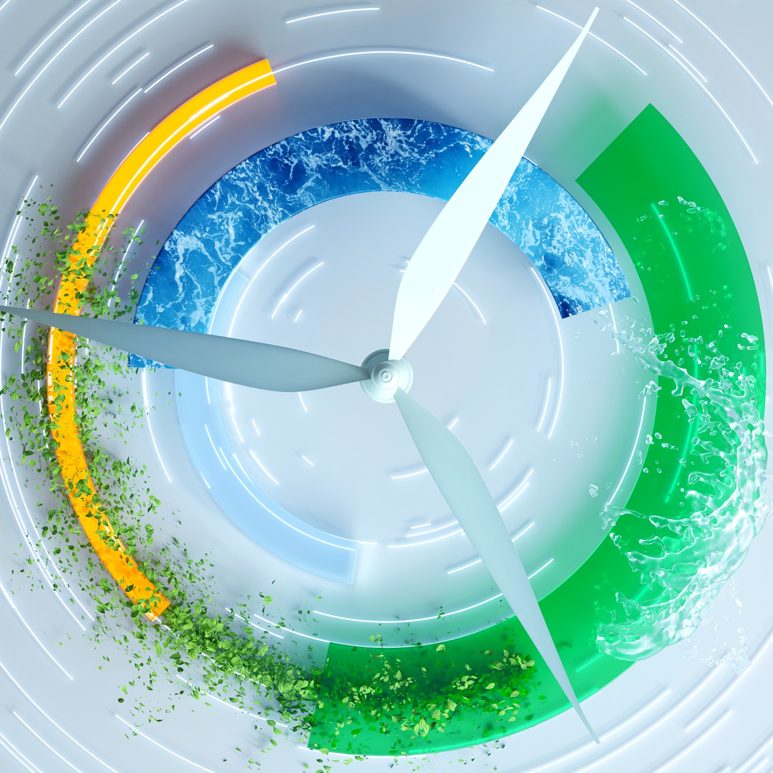 Wind turbine blades centered against a circular design, made up of water, green leaves, and graph elements.