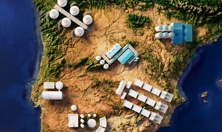 Illustration the Iberian peninsula aerial view with green energy alternative across the land.