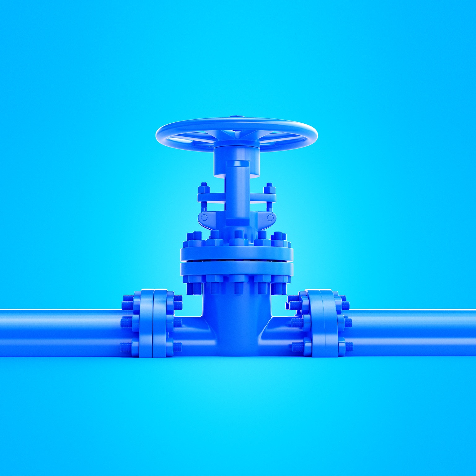 An image of a blue industrial valve that is centrally positioned on a blue pipeline against a matching blue background.