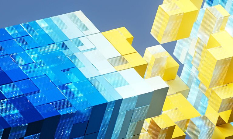 3D illustration of bold blue and yellow digital cubes converging