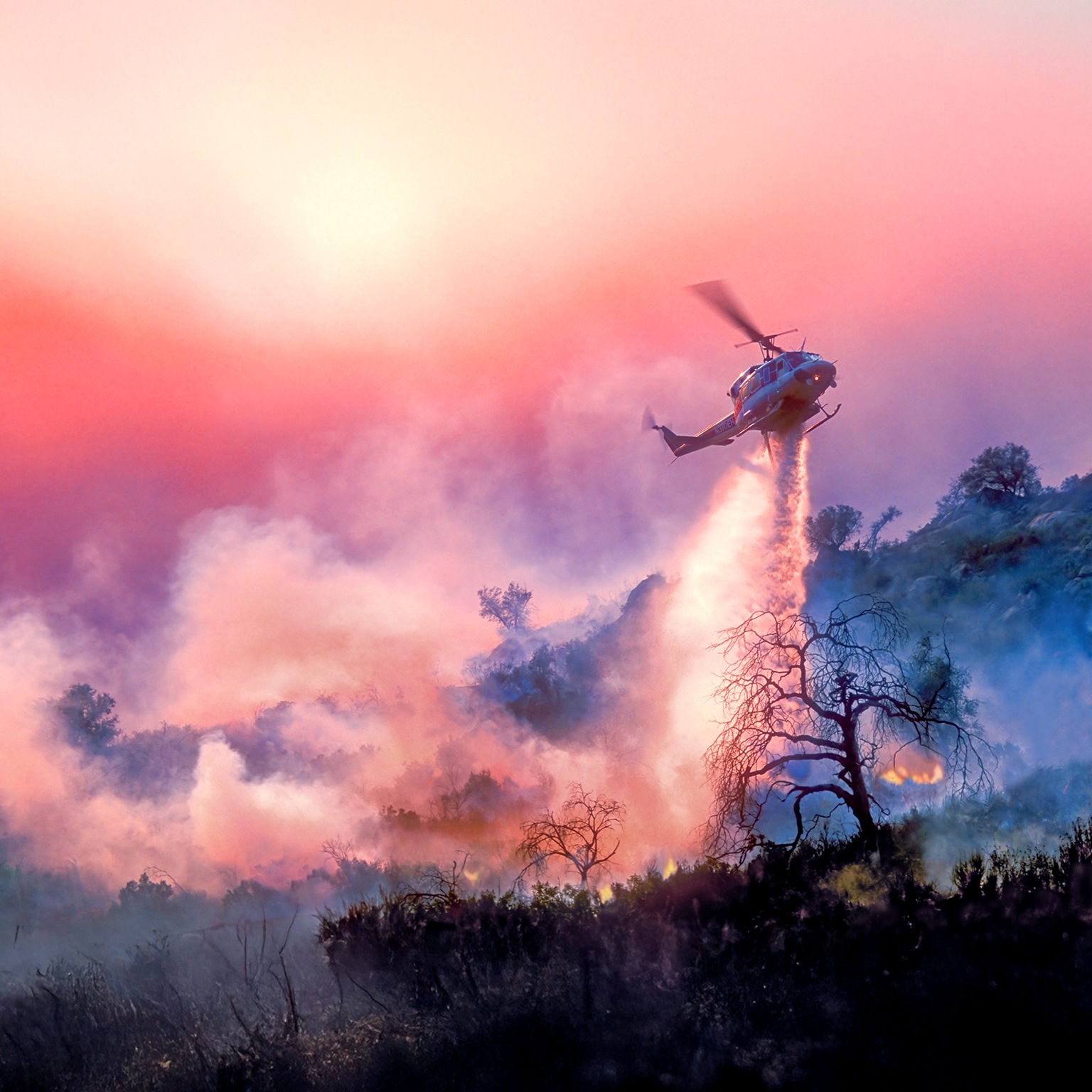 Helicopter Water-Drop on California Wildfire